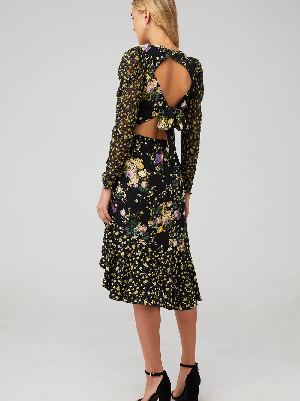 FOR LOVE AND LEMONS Ross Black Floral Asymmetrical Midi Dress - Picture 3 of 8
